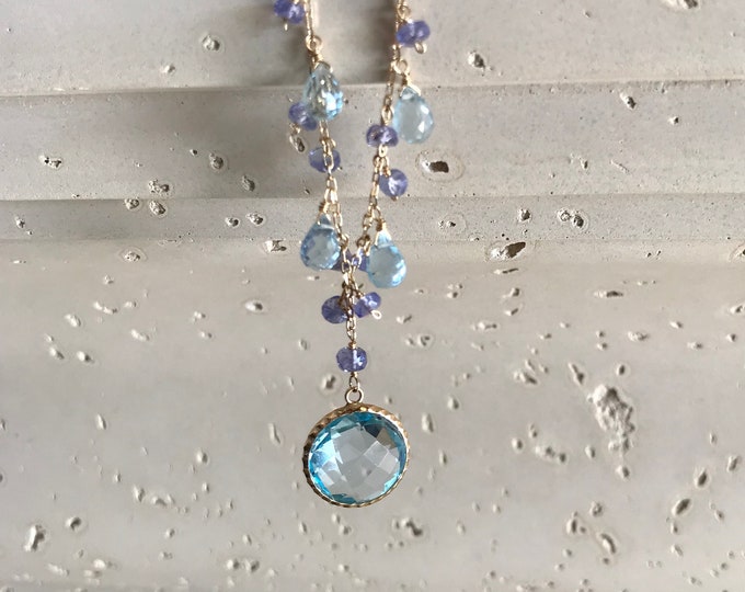 Genuine Blue Topaz Tanzanite Beaded Pendant Necklace- Solid 14k Yellow Gold Necklace- December Birthstone Necklace- Jewelry Gifts for Her