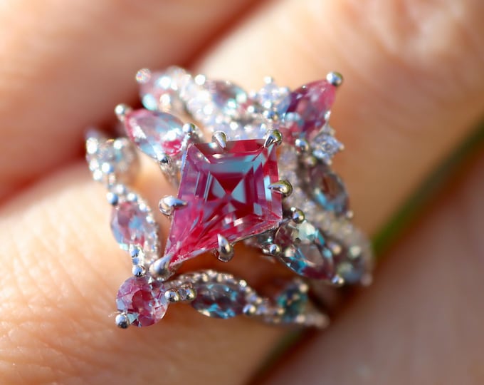 Kite Color Change Alexandrite Bridal Ring Set in Sterling Silver