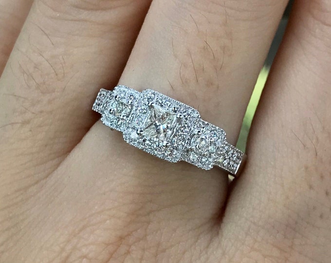 Genuine Princess Diamond Vintage Milgrain 14k White Gold Ring- Antique Promise Real Diamond Ring for Her- Three Stone Deco Anniversary Ring