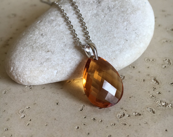 Faceted Pear Genuine Citrine Necklace- November Birthstone Necklace- Teardrop Orange Gemstone Necklace- Jewelry Gifts for Her