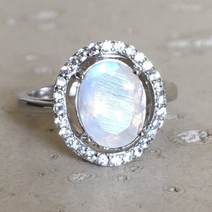 Halo Moonstone Engagement Ring- Oval Rainbow Moonstone Promise Solitaire Ring- Faceted Moonstone Anniversary Ring- June Birthstone Ring