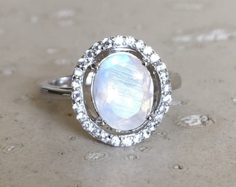 Halo Moonstone Engagement Ring- Oval Rainbow Moonstone Promise Solitaire Ring- Faceted Moonstone Anniversary Ring- June Birthstone Ring