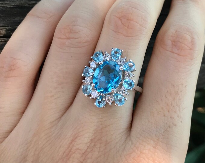 Swiss Blue Topaz Cluster Solitaire Halo Ring-Large Oval Blue Topaz Statement Ring-Unique Blue Multistone Anniversary Ring- December Ring