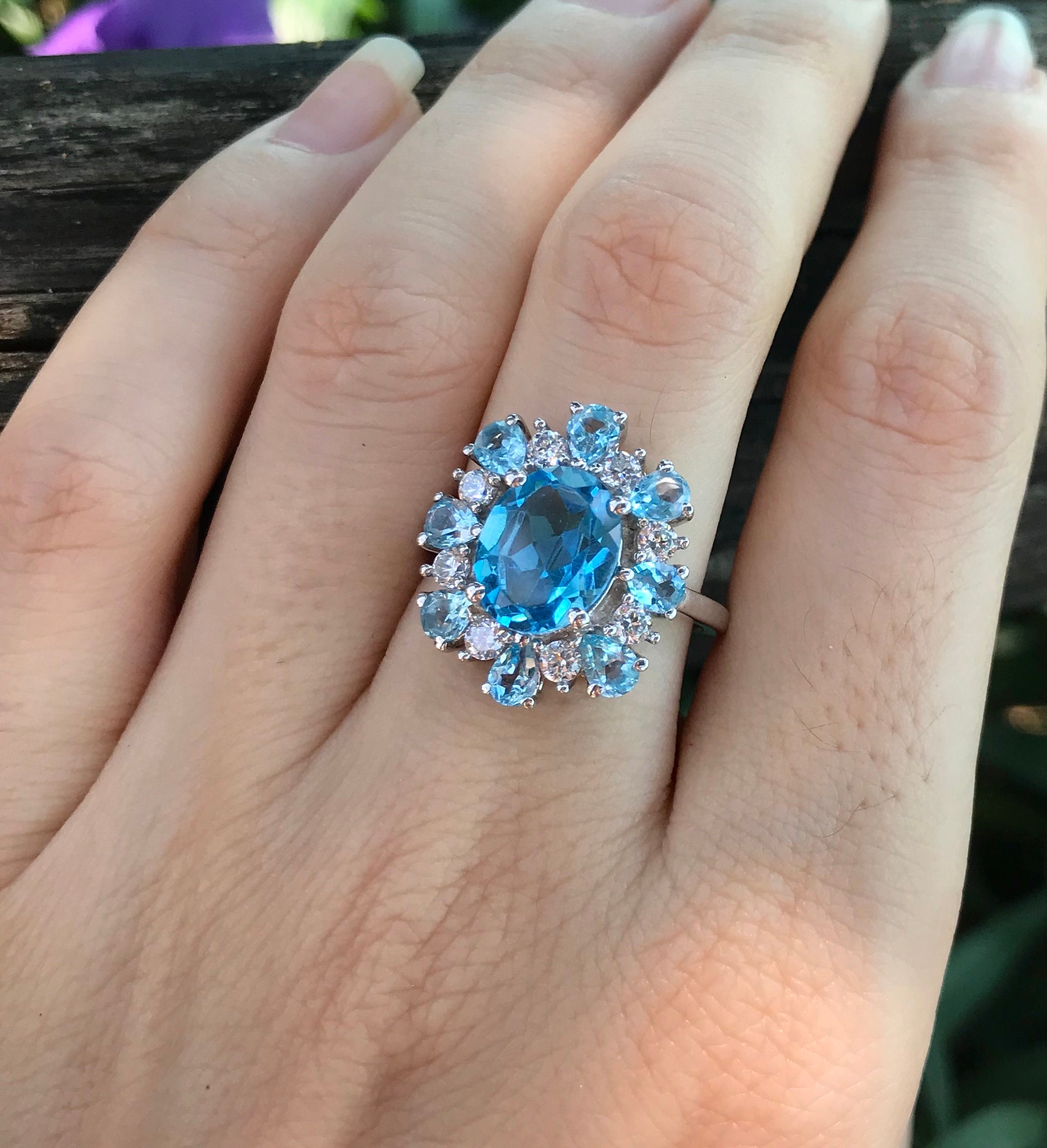 Swiss Blue Topaz Cluster Solitaire Halo Ring-Large Oval Blue Topaz ...