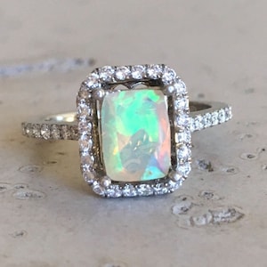 Halo Emerald Rectangle Genuine Welo Opal Engagement Ring-Natural Halo Diamond Opal Anniversary Ring-Solid 14k Gold Iridescent Solitaire Ring