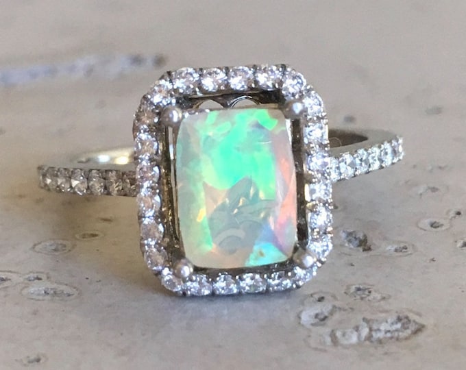 Halo Emerald Rectangle Genuine Welo Opal Engagement Ring-Natural Halo Diamond Opal Anniversary Ring-Solid 14k Gold Iridescent Solitaire Ring