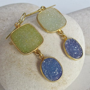 Green Blue Druzy Earring- Colorful Festival Earring- Two Stone Dangle Earring- Unique Gemstone Earring- Sterling Silver Earring