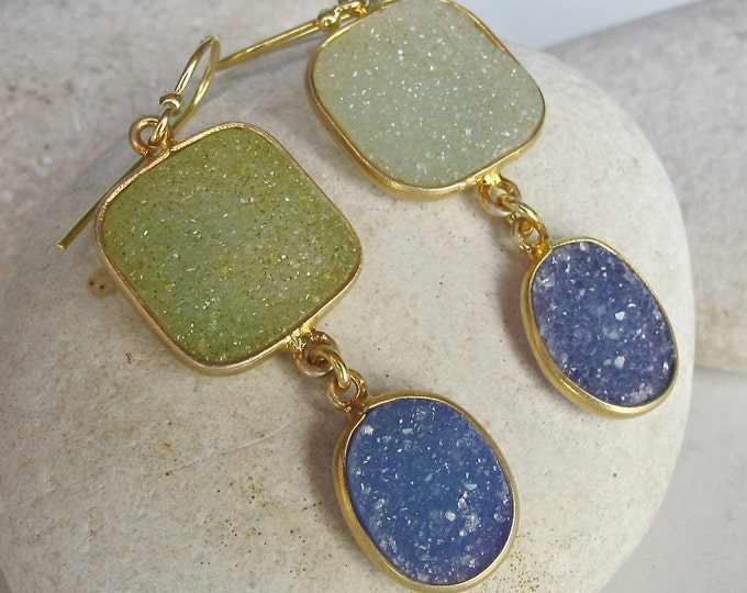 Green Blue Druzy Earring- Colorful Festival Earring- Two Stone Dangle Earring- Unique Gemstone Earring- Sterling Silver Earring