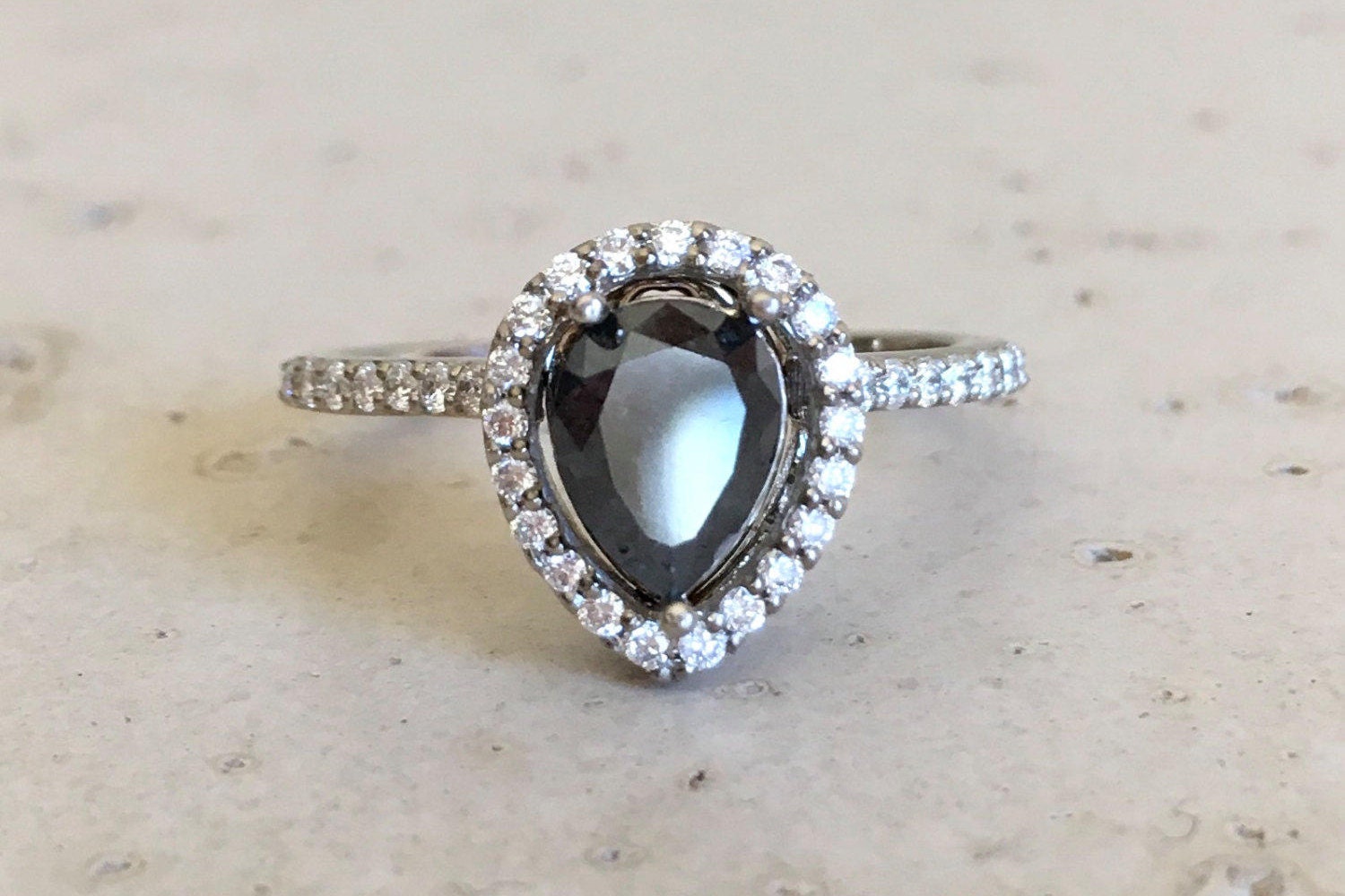 1ct Halo Teardrop Halo Engagement Ring Black Diamond Ring Pear Etsy