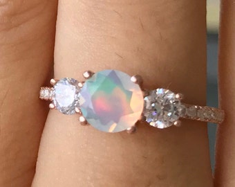 Genuine Opal Promise Ring For Her- Fiery Opal Three Stone Anniversary Ring- Welo Opal Solitaire Engagement Ring