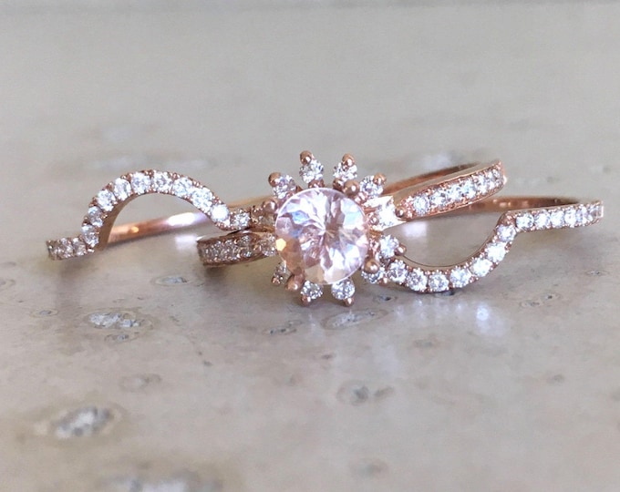 Morganite Floral Engagement Ring Set- Halo Morganite Diamond Bridal 3 Ring Set- Round Morganite Wedding Ring Set- Anniversary Gift for Her