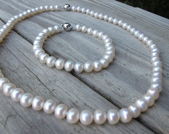 Freshwater Pearl Jewelry Set- Real Pearl Bracelet Necklace- Bridal Pearl Set- Genuine Pearl Jewelry Set Bridal Accessory White Pearl