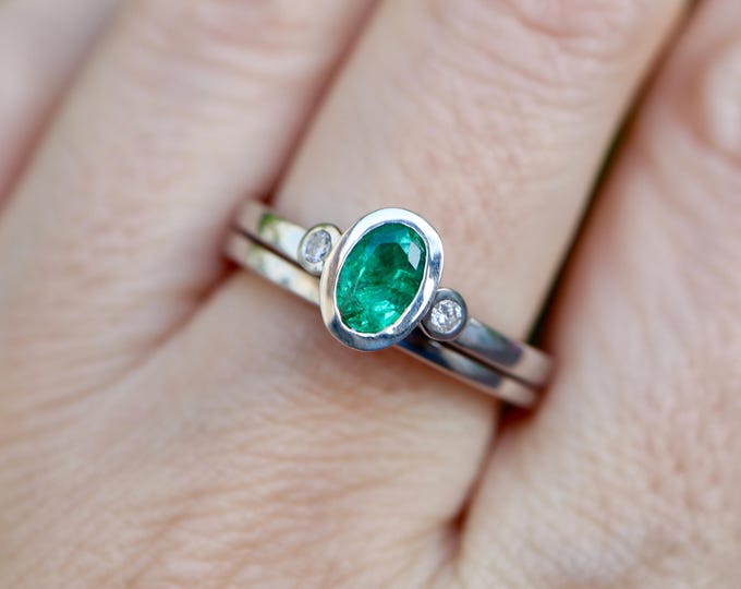 Natural Emerald Oval Engagement Women 2 Ring Set- Deco Genuine Emerald Diamond Bridal Ring Set- Three Stone Bezel Emerald Promise 2 Ring Set