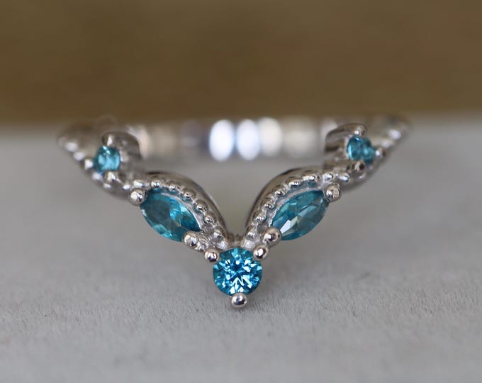 Light Blue Topaz Sterling Silver Deco Wedding Band- Marquise Round Rose Gold Antique Milgrain Band- Enhancer Guard Yellow Gold Vintage Band
