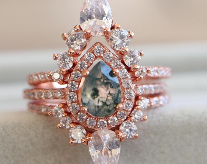 Teardrop Moss Agate Halo Bridal 3 Ring Set-Pear Natural Moss Agate Engagement Ring- Genuine Green Gemstone Promise Solid 14k 18k Gold Rings