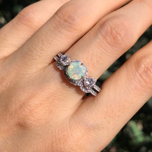 Opal Vintage Engagement Ring Opal Halo Bridal Ring Set Three Stone Anniversary Ring Genuine Opal Promise Ring for Her Art Deco Opal Ring image 8