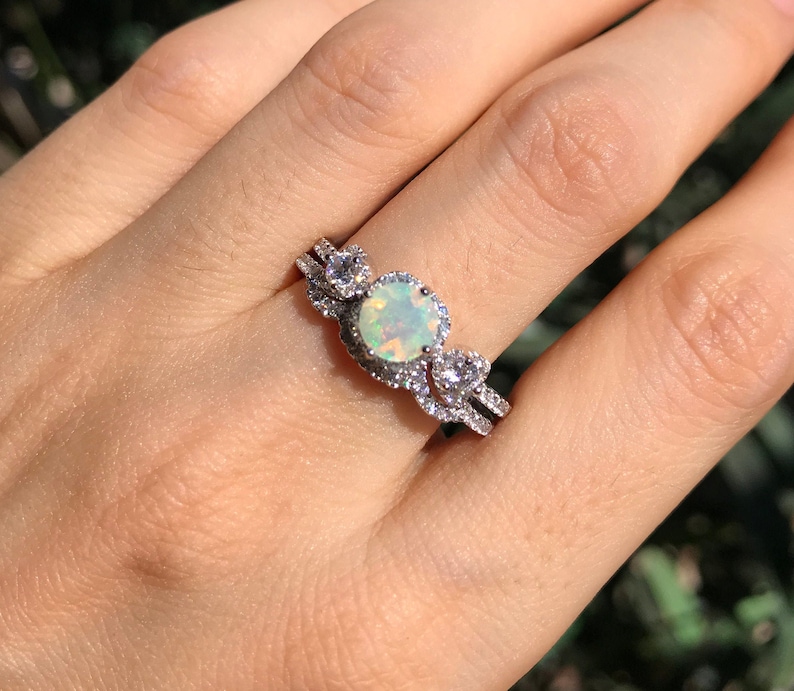 Opal Vintage Engagement Ring Opal Halo Bridal Ring Set Three Stone Anniversary Ring Genuine Opal Promise Ring for Her Art Deco Opal Ring image 8