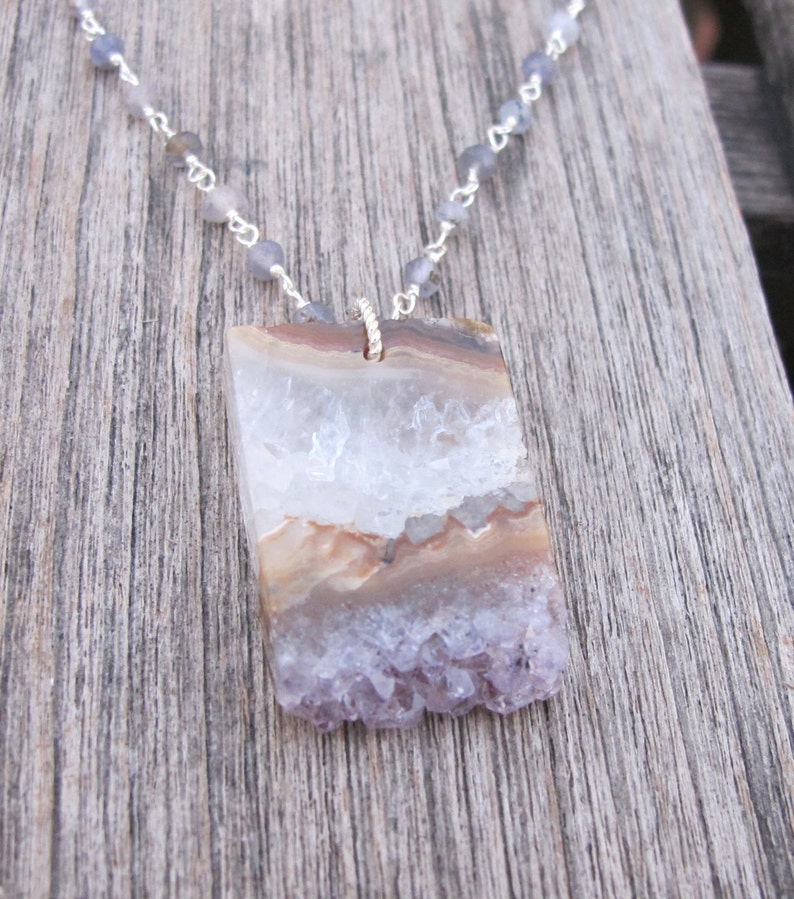 Unique Gemstone Necklace February Birthstone Boho Necklace Slice Slab Necklace Geode Rectangle Necklace Raw Amethyst Slice Necklace