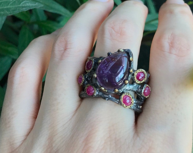 Amethyst Statement Cluster Rustic Ring- Unique Multistone Nature Inspired Branch Wide Band- Textured Bulky Unisex Gemstone Ring- Avant Garde