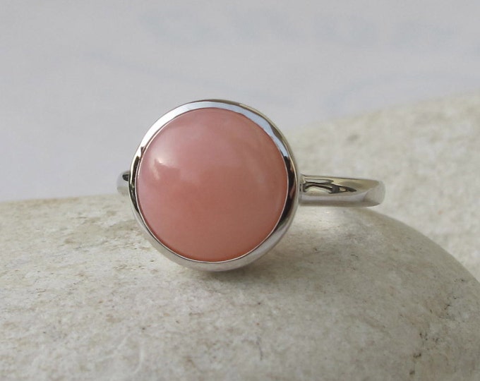 Genuine Pink Opal Round Sterling Silver Ring- October Birthstone Ring- Pink Opaque Gemstone Ring- Smooth Pink Stone Ring