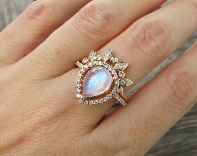 2ct Large Genuine Moonstone Halo Bridal Ring Set- Teardrop Natural Rainbow Moonstone Diamond Engagement 2 Ring Set- Pear Cab Moonstone Ring