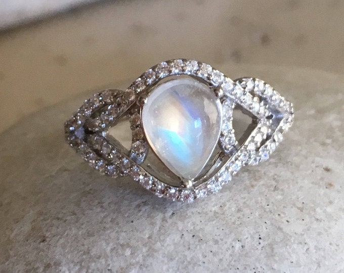 Rainbow Moonstone Engagement Ring- Art Deco Moonstone Promise Ring- Unique Swirl Anniversary Ring- Vintage Engagement Ring- Victorian Ring