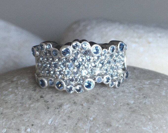 Unique Woman Wedding Band- Blue Statement Wavy Band- Wide Band Sterling Silver Ring- Blue Crystal Large Band- Blue Quartz Topaz Cigar Band