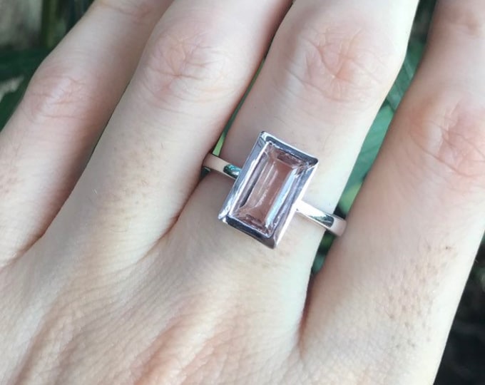 Morganite Rectangle Genuine Solitaire Ring- Morganite Minimalist Promise Ring- Pink Stone Engagement Ring- Modern Vertical Anniversary Ring