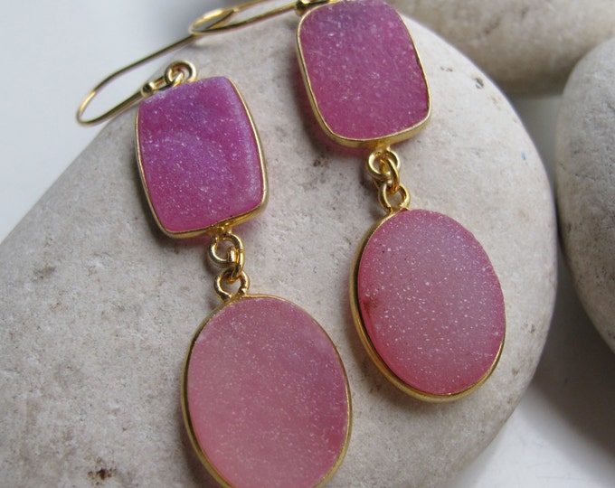 Pink Druzy Gemstone Long Dangle Earring- Pink Statement Drop Two Stone Earring