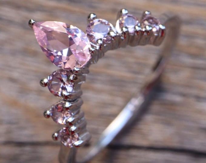 Pink Morganite Curve Wedding Sterling Silver Band- Enhancer Guard Nesting Contour Rose Band- V Chevron Semi Half Circle Gold Plated Band