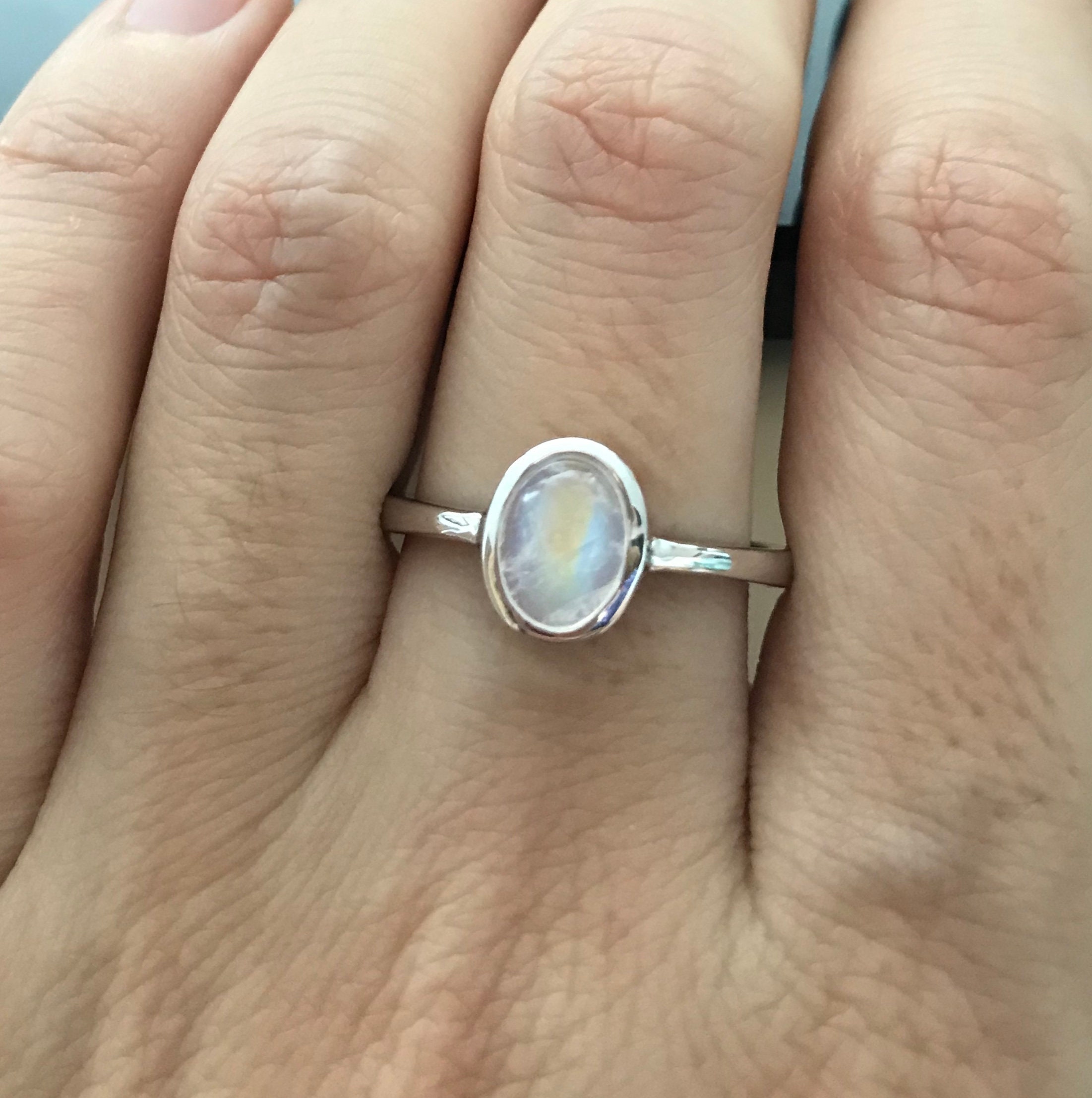 Rainbow Moonstone Boho Ring Stack June Birthstone Sterling Silver Oval