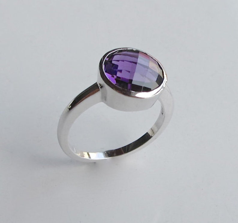 Simple Purple Amethyst Ring Round Amethyst Ring Purple Stone Ring Faceted Stone Ring Sterling Silver Ring February Birthstone Ring image 4