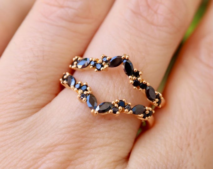 Marquise Black Onyx Curve Enhancer Vintage Wedding Band- Black Spinel Rose Gold Deco Band- Alternative Black Diamond 2 Dual Shank Band