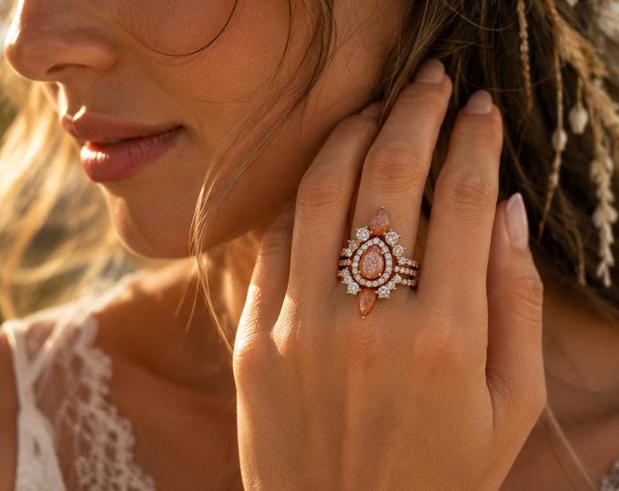 Teardrop Orange Sunstone Halo Engagement 3 Ring Set in Solid 14k and 18k White Yellow and Rose Gold