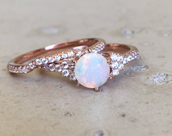 Natural Opal Bridal 2 Ring Set- Genuine Opal Engagement 2 Rings-Round Opal Promise Ring Set- Rose Gold Opal Ring- October Birthstone Ring