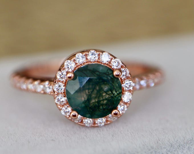 Moss Agate Halo Promise Sterling Silver Ring for Her- Simple Natural Moss Agate Engagement Rose Gold Ring- Green Gemstone Solitaire Ring