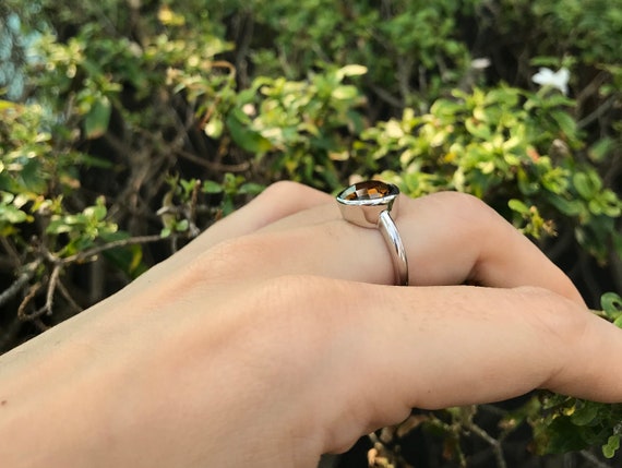 Round Smoky Quartz Sterling Silver Ring- Stackable Brown Round Smoky Quartz Sterling Silver Ring- Stackable Brown