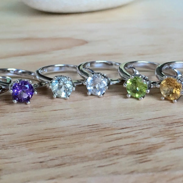 Echte ronde stapelbare sterlingzilveren ring met 6 griffende familiegeboortesteen