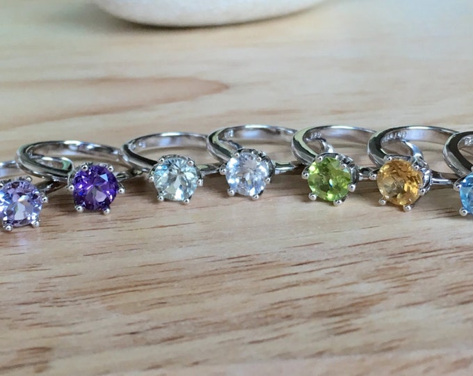 6 Prong Family Birthstone Stack Ring-6mm Round Genuine Natural Real Birthstone Ring- Silver February April August November December Ring