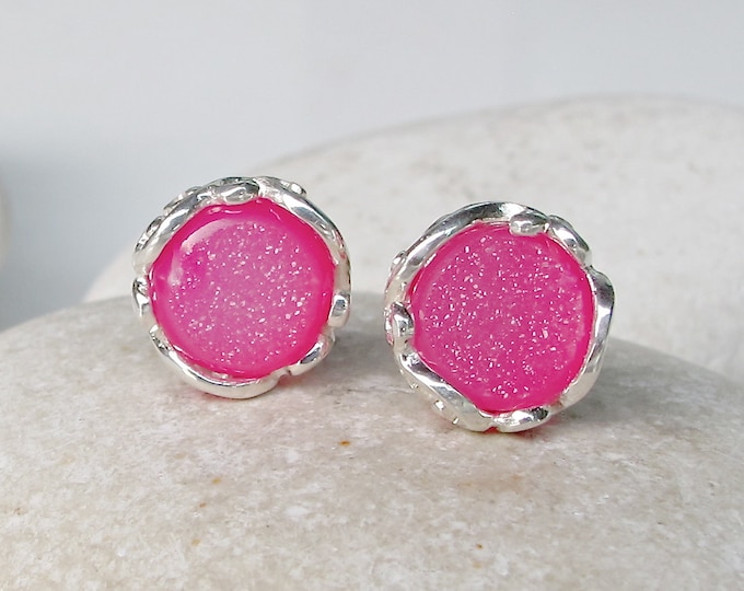 Pink Druzy Stud Earring- Classic Pink Stud- Bridesmaids Gift Earring- Druzy Sterling Silver Earring- Hot Pink Earring- Maid of Honor Earring