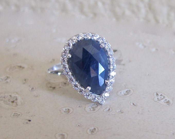 Teardrop Sapphire Engagement Ring- Pear Dark Deep Halo Blue Sapphire Ring- Genuine Real Sapphire Promise Ring- Opaque Blue Solitaire Ring