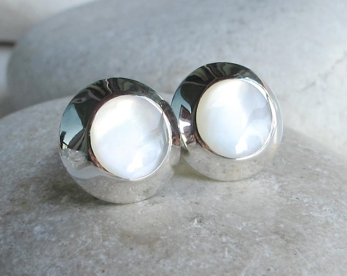 Pearl Earrings Silver Stud- Round Real Natural Pearl Post Earring- Mother of Pearl Earring- Bridal June Birthstone White Shell Earring