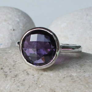 Simple Purple Amethyst Ring Round Amethyst Ring Purple Stone Ring Faceted Stone Ring Sterling Silver Ring February Birthstone Ring image 1