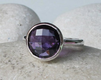 Simple Purple Amethyst Ring- Round Amethyst Ring- Purple Stone Ring- Faceted Stone Ring- Sterling Silver Ring- February Birthstone Ring