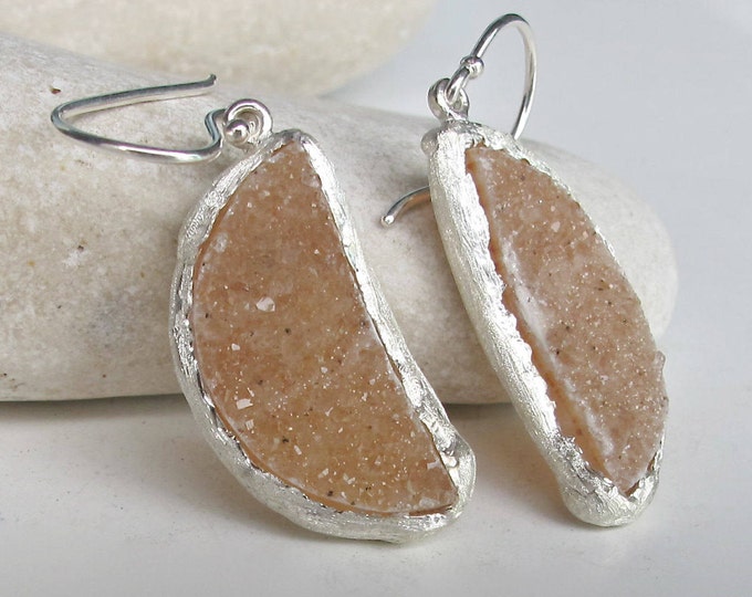 Semicircle Beige Druzy Earring Real Druzy Handmade Drop Dangle Earring Rustic Raw Druzy Sterling Silver Geometric Long Boho Genuine Druzy