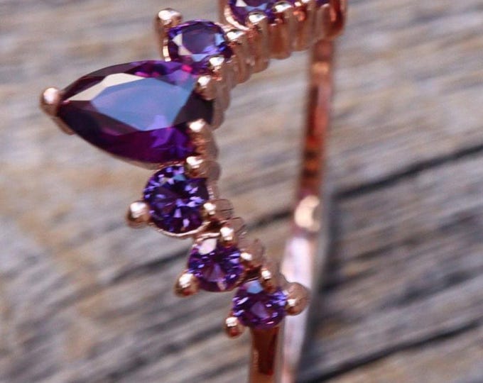 Amethyst Wedding Real 10k 14k 18k Gold Band- Purple Amethyst Nesting Rose White Gold Band- Dark Deep Vivid Purple V Chevron Half Circle Band