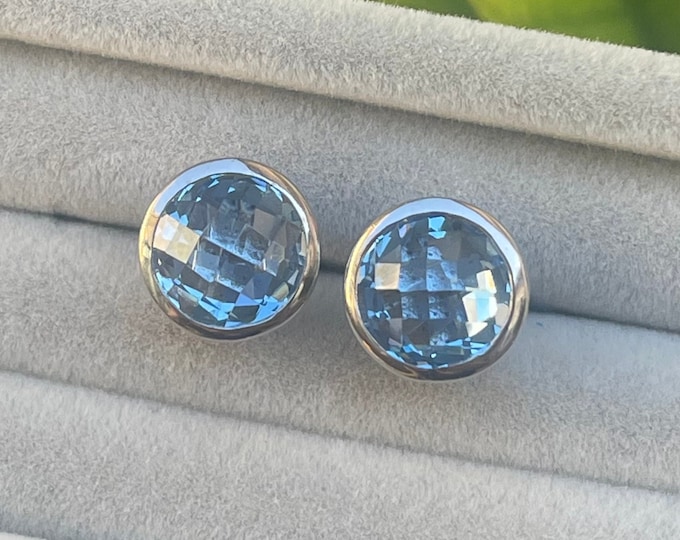 Swiss Blue Topaz Silver Stud Earring- Round Facet Blue Topaz Earring- Something Blue Earring-December Birthstone Earring- Bridesmaid Earring