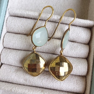 Rustic Raw Dangle Earring- Prehnite Pyrite Drop Earring- Boho Gold Raw Earring- Bohemian Natural Gemstone Earring- Boho 2 Stone Earrings