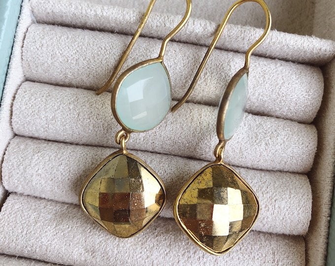 Rustic Raw Dangle Earring- Prehnite Pyrite Drop Earring- Boho Gold Raw Earring- Bohemian Natural Gemstone Earring- Boho 2 Stone Earrings