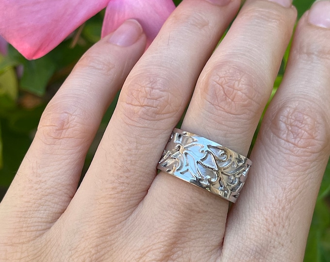 Womens Wedding Floral Band- Leaf Nature Inspired Band Ring- Scroll Wide Band Ring- Olive Leaf Vine Band Ring- Unique Sterling SIlver Band